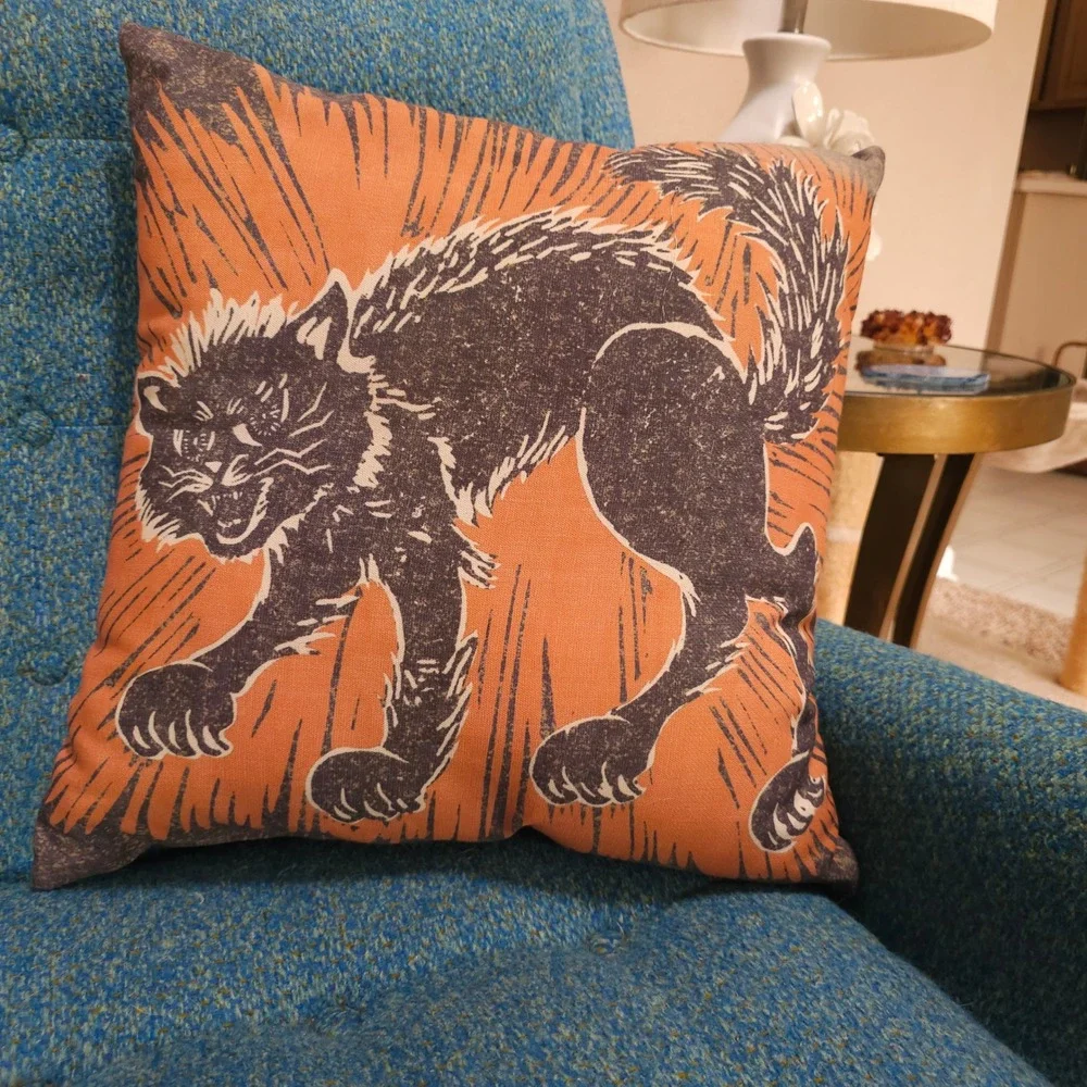 Pottery Barn Halloween Scaredy Black Cat Throw Pillow Orange Print 20